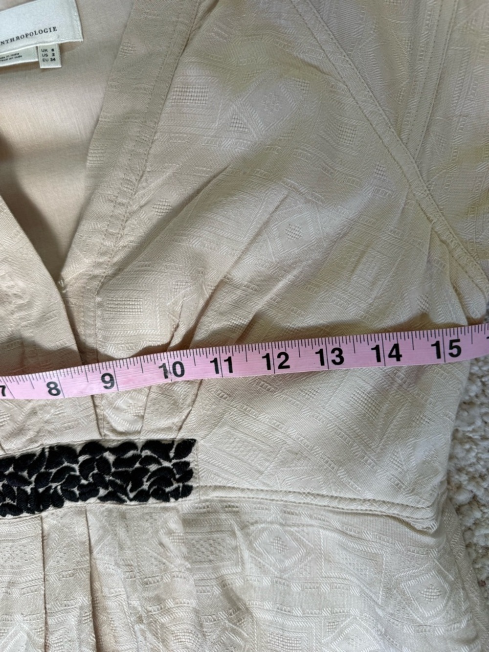 Anthropologie Orla Mini Dress Beige Embroidered Cotton Boho Puff Sleeves Sz 2 - Picture 8 of 14